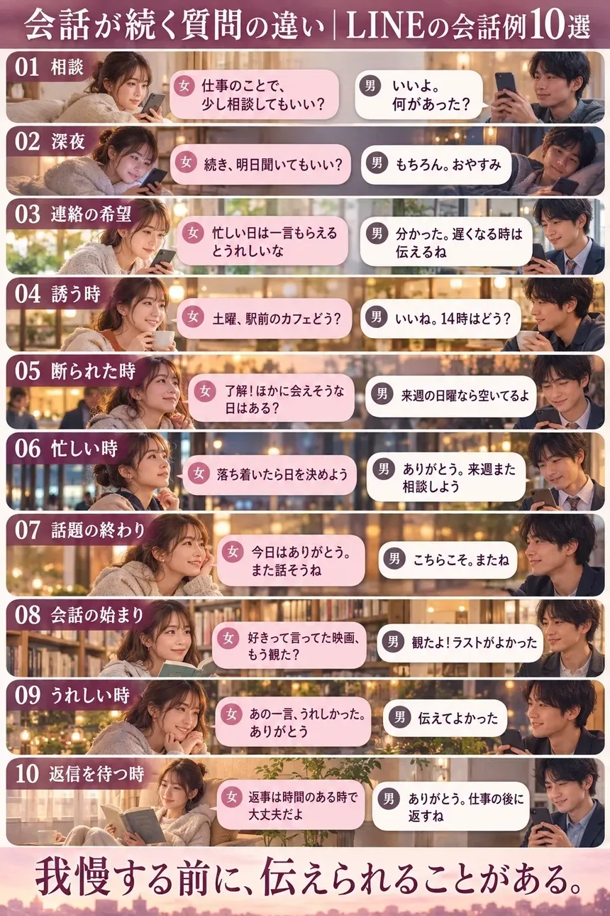 作れる画像の例。会話が続く質問の違い、LINEの会話例